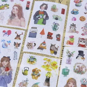 Adesivi per diario in stile nordico, vintage foresta ragazza piante animali washi carta DIY set