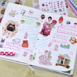 Set adesivi Washi stile giapponese ragazza Tokyo per diario fai da te 6 fogli