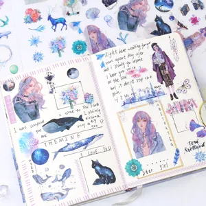 Set di adesivi Washi originali con ragazze stellate, animali carini e design creativi.