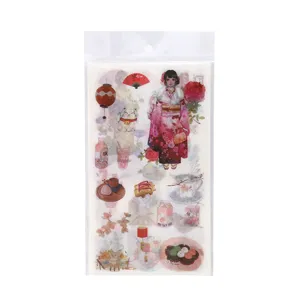 Japanese style Tokyo girl washi sticker set for DIY journal planner, cute aesthetic decor.