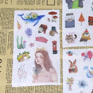 Adesivi Washi in stile nordico con ragazze dei boschi, piante e simpatici animali.