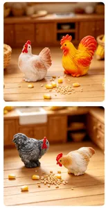 Vue détaillée de figurines de poulet miniatures en résine, idéales pour la déco de bureau DIY.
