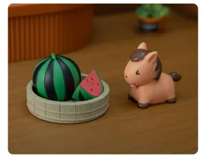 Resin miniature horse figurine with watermelon basin, cute desktop landscape decoration ornament.