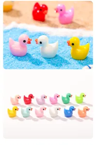 Close-up detail showing colorful miniature resin ducks, perfect for micro landscape and DIY crafts display.