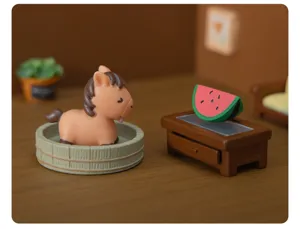 Cute miniature resin horse figurine detail showing desktop micro-landscape decoration with melon.
