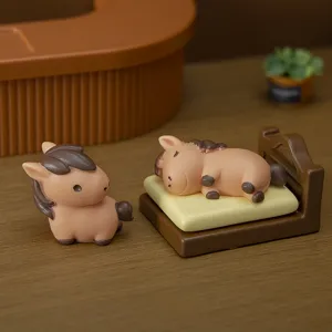 Miniature resin horse figurine set, cute sleeping pony and standing pony decor for desktop and car.