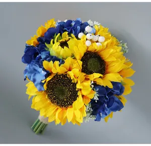 Bouquet da sposa con girasoli artificiali e ortensie blu per decorazione nuziale
