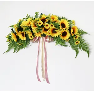 Artificial sunflower door lintel swag, vibrant faux floral decoration for home and wedding decor.