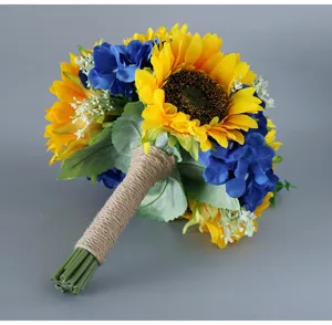 Bouquet di girasoli artificiali e ortensie blu con manico in juta per matrimonio e decorazioni casa.