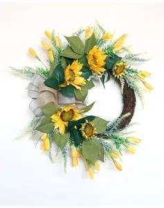 Couronne de fleurs artificielles tournesol américain pour porte et décoration murale.