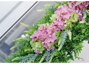 Artificial hydrangea hanging flower garland detail view, perfect for holiday door and wall decor.