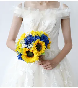 Bouquet da sposa di girasole artificiale con ortensia blu per matrimonio e decorazione.