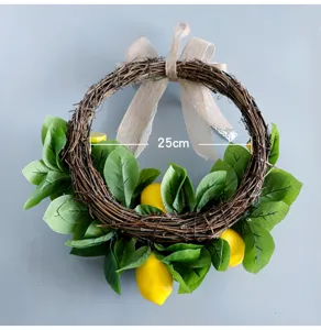 Corona artificiale di foglie di limone con fiocco in lino decorazione da parete casa 25cm