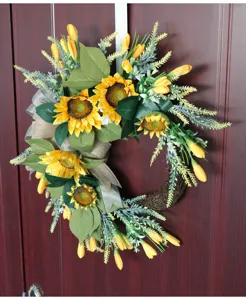 Couronne de tournesol artificielle pour porte d'entrée décoration de maison jaune.