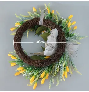 Couronne de fleurs artificielle avec tulipes jaunes et ruban gris pour porte et mur 30cm