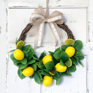 Ghirlanda di Foglie Verdi di Limone Artificiale Ghirlanda di Simulazione con Fiocco in Juta Decorazione da Appendere a Parete Rustica per Casa