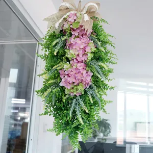 Artificial hanging hydrangea door wreath decoration for festival and home decor, realistic floral swag.
