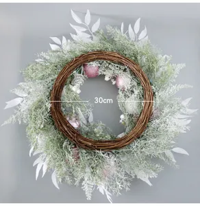Pink Christmas wreath with frosted foliage and baubles 30cm wedding home wall hanging