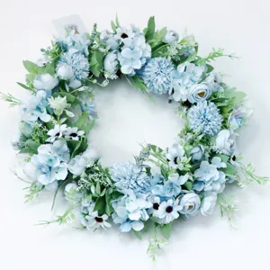 Artificial blue flower wreath for front door decor, wedding floral arrangement and photography props.