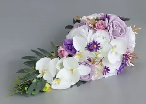 Bouquet Sposa Cascata Artificiale Seta Orchidea Bianca Rosa Viola Decorazione