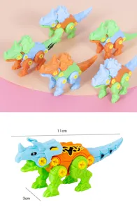 Detailed view of colorful DIY assembly dinosaur toy with screw parts and size details.