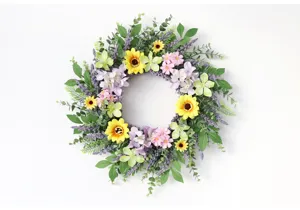 Kunstmatige zonnebloem en lavendel bloemenkrans voor deur muurhangende decoratie bruiloft.