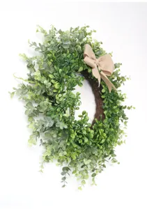 Ghirlanda di foglie verdi artificiali con fiocco in iuta per decorazione parete porta