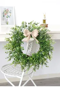 Ghirlanda di bosso artificiale con fiocco di juta, decorazione da parete in eucalipto verde per porta.
