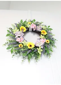 Kunstmatige zonnebloem madeliefje bloemenkrans voor voordeur muurdecoratie huwelijk.