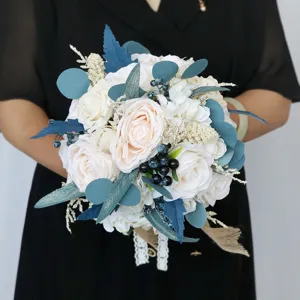 Bouquet da Sposa Artificiale in Stile Coreano Fiori di Rosa in Seta Con Nastro in Pizzo di Lino Per Fotografia Matrimonio Arredo