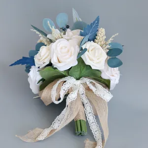 Bouquet da sposa per matrimonio coreano fiore artificiale finta rosa con nastro di iuta e pizzo.