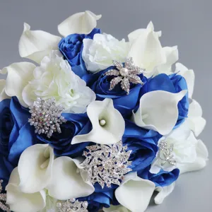 Blue and white wedding bridal bouquet with PU calla lilies and rhinestone brooches