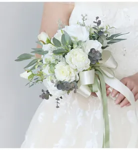 Künstlicher Brautstrauß Hochzeit künstliche Rosen Eukalyptus Blätter Seidenband Dekor Party
