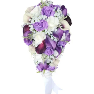 Bouquet de novia artificial boda cascada morado blanco rosas calas flores accesorios.
