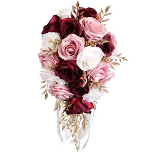 Europäische Braut Hochzeit künstliche Blume Wasserfall Strauß Seidenrose für Fotos