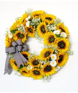 Kunstmatige zonnebloemkrans met zwart witte strik voor voordeur herfst decoratie bloemen