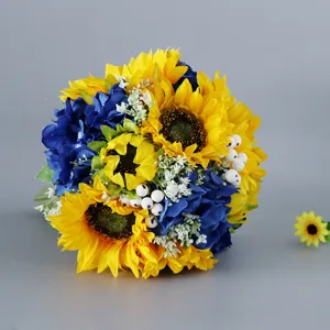 Meraviglioso bouquet da sposa artificiale girasole e ortensia blu per matrimonio