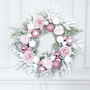 Pink Christmas Wreath Artificial Rose Flower Christmas Balls For Wedding Home Door Window Wall Hanging Festive Decor