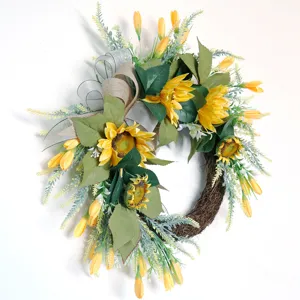 Couronne de tournesol artificielle de style américain pour décoration murale de porte de maison.