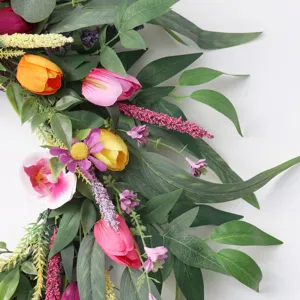 Künstlicher Frühlingsblumenkranz mit bunten Tulpen und Orchideen für Heimtür Dekoration.