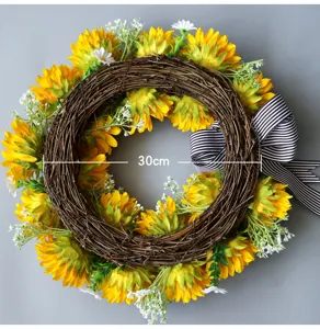 Kunstmatige zonnebloemkrans met zwart-witte strik 30cm herfst deur bloemendecoratie