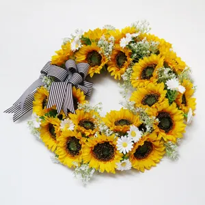 Kunstmatige Zonnebloem Krans voor Voordeur Decoratie Herfst Bloemenkrans met Strik