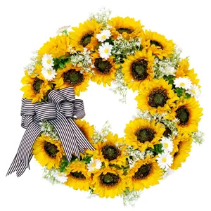Kunstmatige zonnebloemkrans met zwart-witte strik voor voordeur en bruiloft decoratie