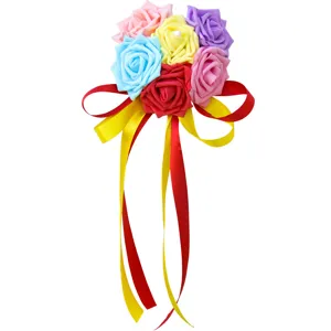 Colorful PE foam rose wedding car decoration ribbon bow for door handle rearview mirror decor.