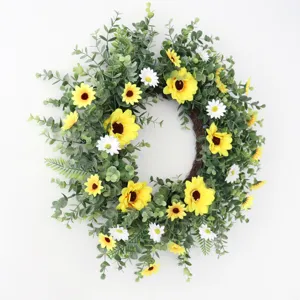 Kunstmatige zonnebloem eucalyptus bloemenkrans voor lente huis deur feest decoratie.