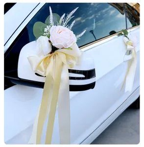 Wedding car mirror flower decoration artificial rose ribbon set for bridal vehicle styling setup.