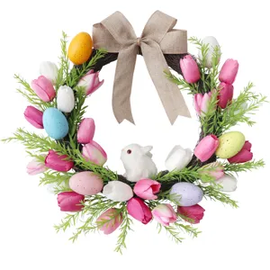 Osterkranz mit Tulpen bunten Eiern und Schleife für Haustür Frühlingsdeko Tür kranz hängend