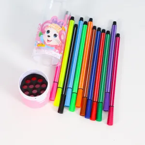 Children washable 12 color watercolor pen set with barrel and cartoon design for kids art.