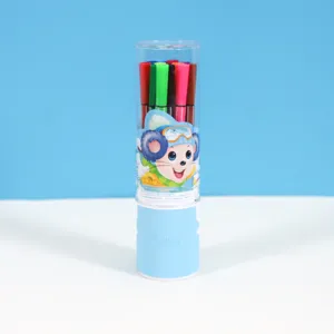 Detail view of 12-color washable watercolor pens set in a transparent barrel with cute mouse design.