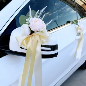 Artificial Rose Wedding Car Decoration Mirror And Door Handle Decor Ribbon Bow Floral Ornaments Party Supplies